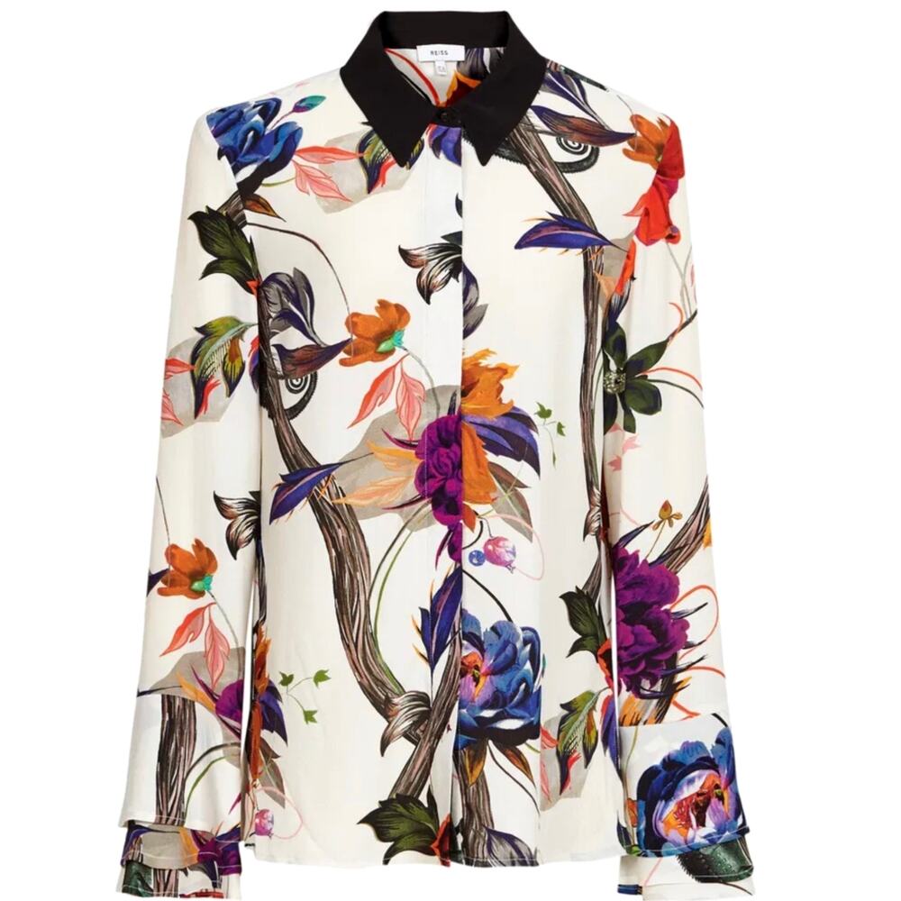 REISS Lupa Blouse US 6 Floral Botanical Print 100% Viscose Black Collar